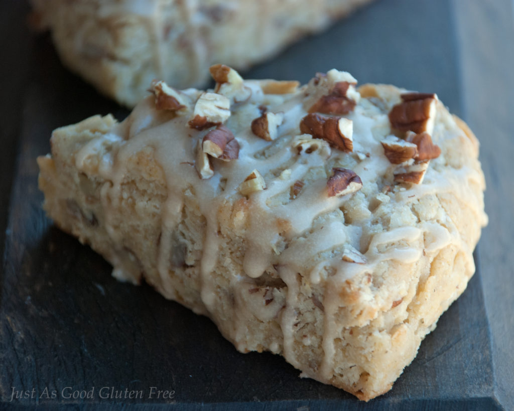 Gluten Free Pecan Scone with Maple Glaze single on wood