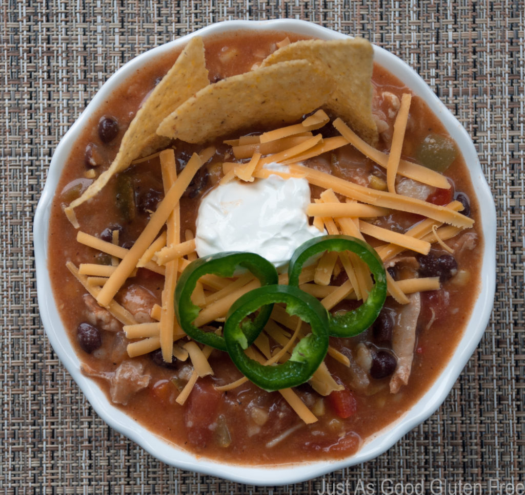 Gluten Free Chicken Tortilla Soup with toppings