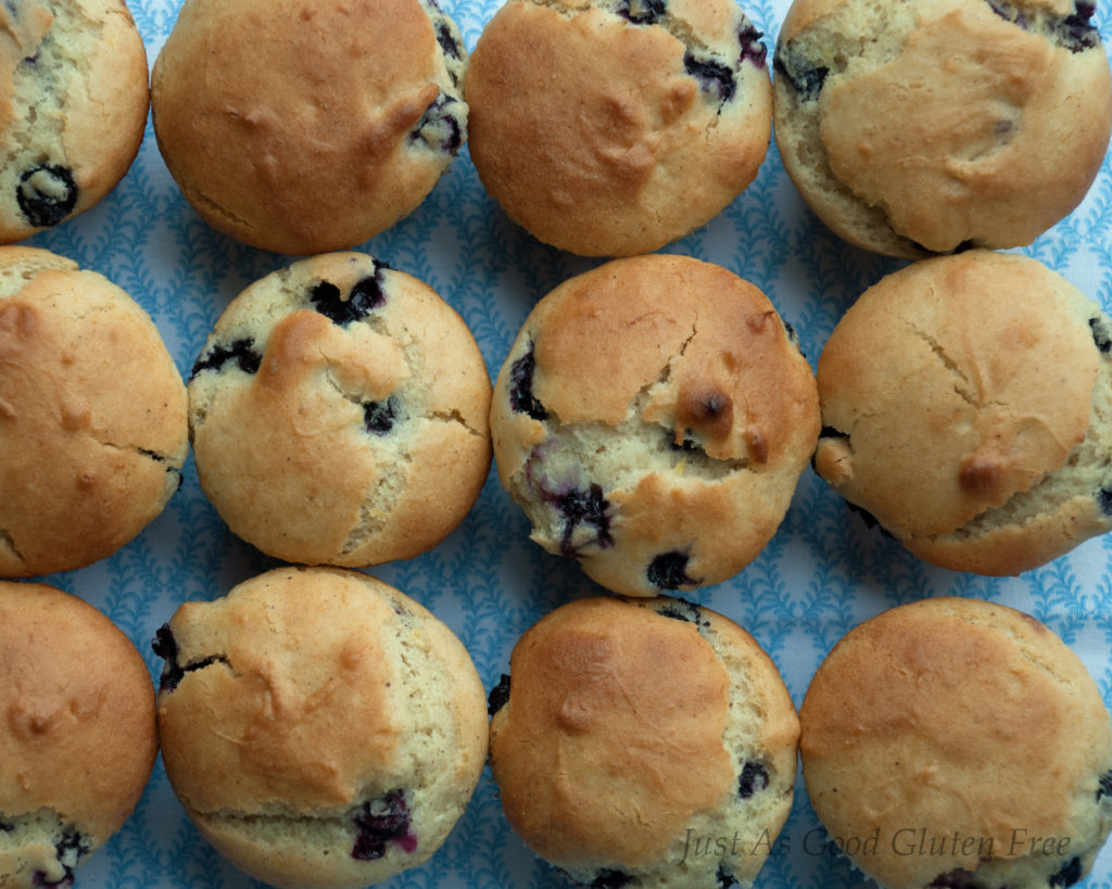 Rows of Gluten Free Blueberry Buttermilk Muffins