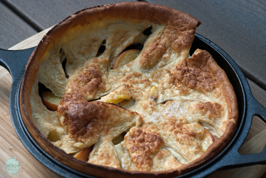 Whole Gluten Free Dutch Baby Pancake with Peaches, no powdered sugar