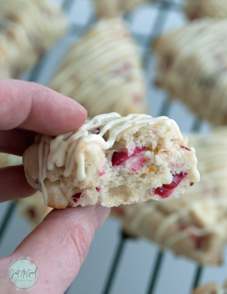 Gluten free white chocolate cranberry scone inside