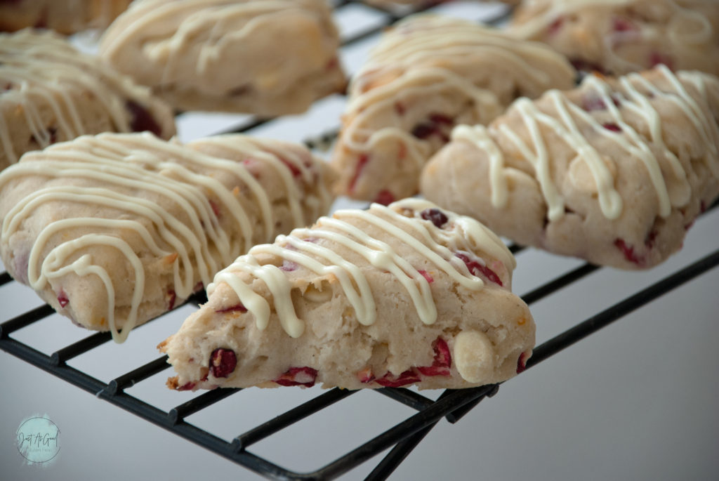 Gluten free white chocolate cranberry scone side drizzled