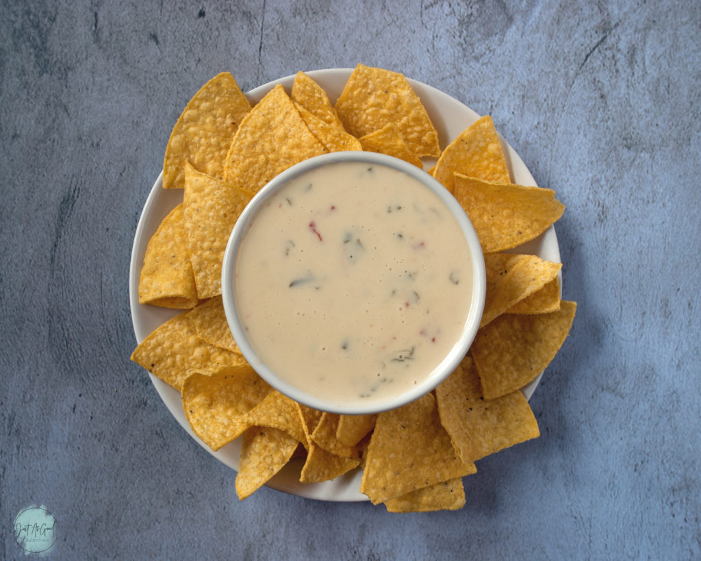 Gluten Free Queso Blanco and tortilla chip plate