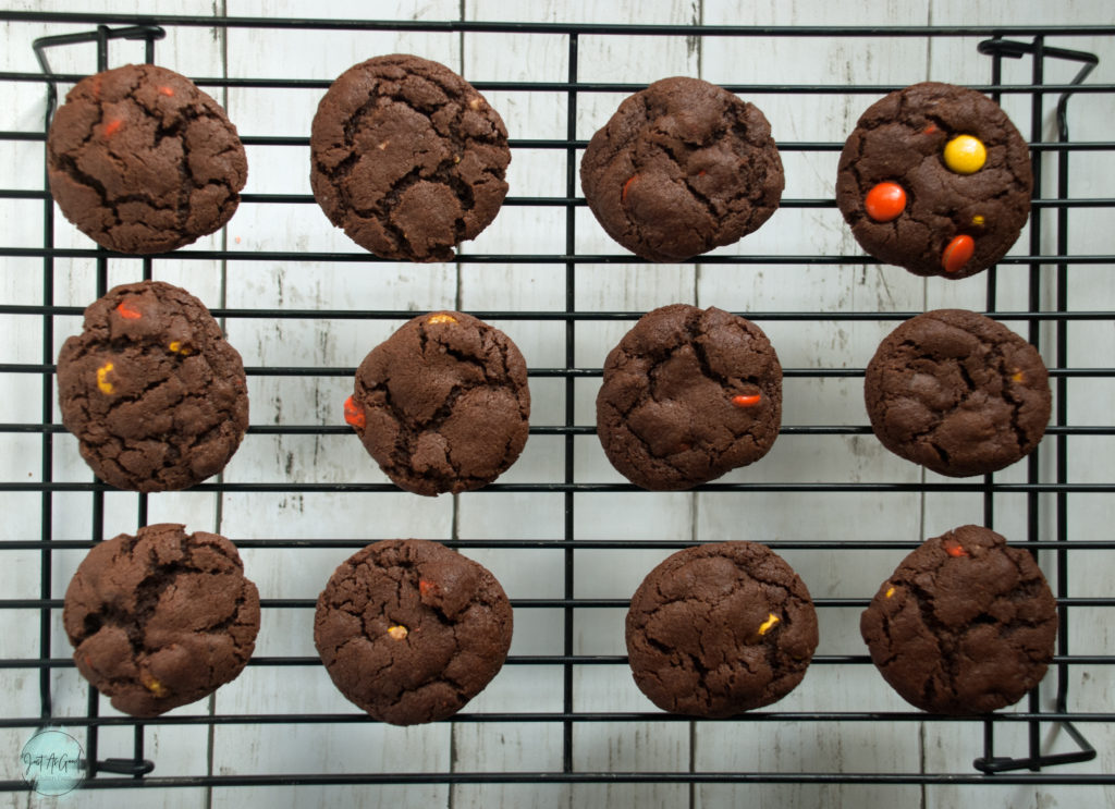 Gluten Free Chocolate Reese's Pieces Cookies Baking Sheet Top View