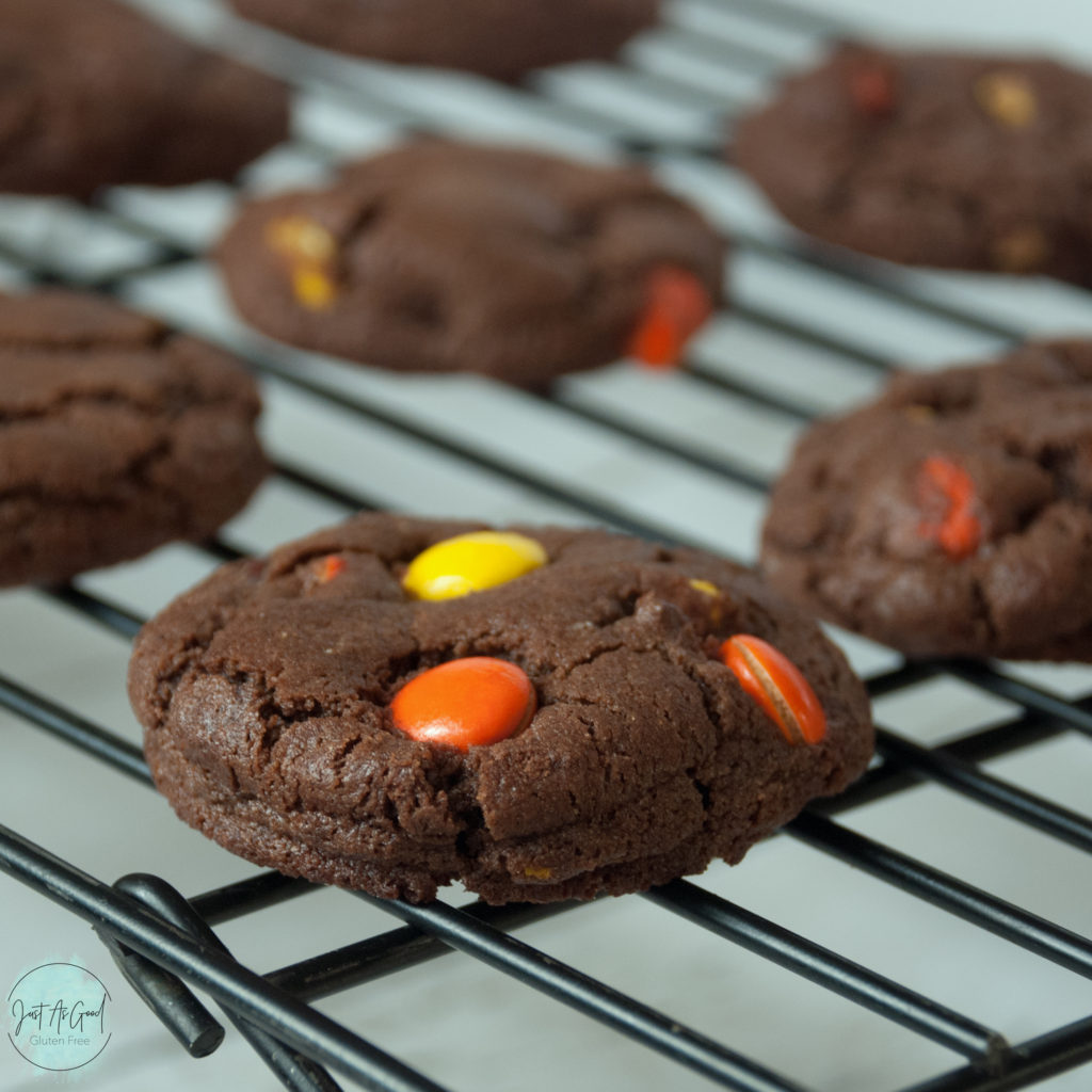 Gluten Free Chocolate Reese's Pieces Cookies Baking Sheet Side View