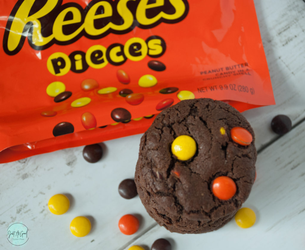 Gluten Free Chocolate Reese's Pieces Cookies with bag