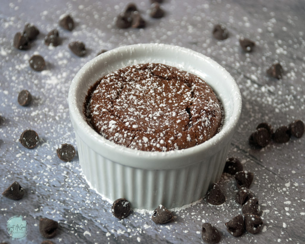 Gluten Free Molten Lava Cake single side view with powdered sugar