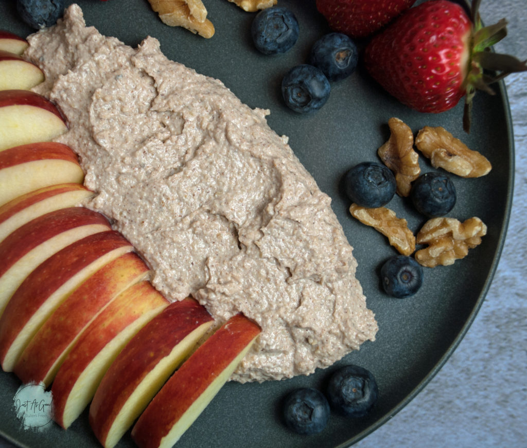 Walnut Snickerdoodle Dip on plate with fruit close up