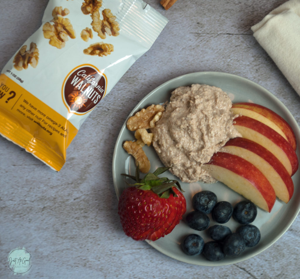 Walnut Snickerdoodle Dip on small plate with California Walnut bag