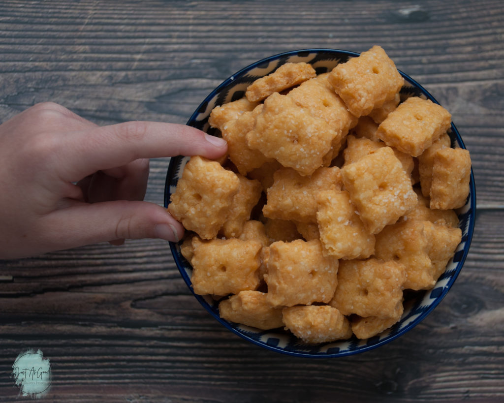 Gluten Free Cheddar Cracker Sneaky Hand from Bowl