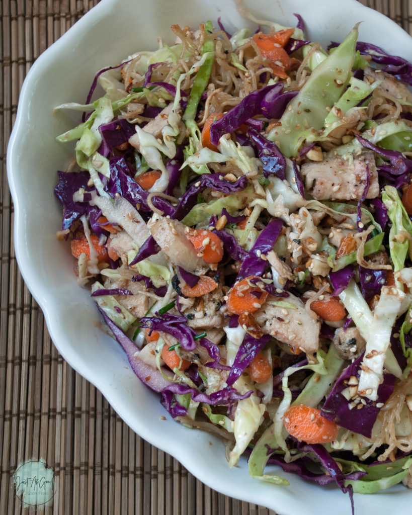 Side view of Gluten Free Asian Chicken Ramen Noodle Salad