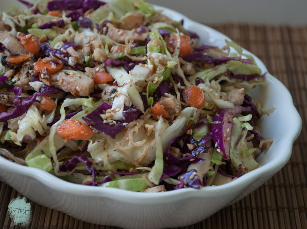 Up close view of Gluten Free Asian Chicken Ramen Noodle Salad