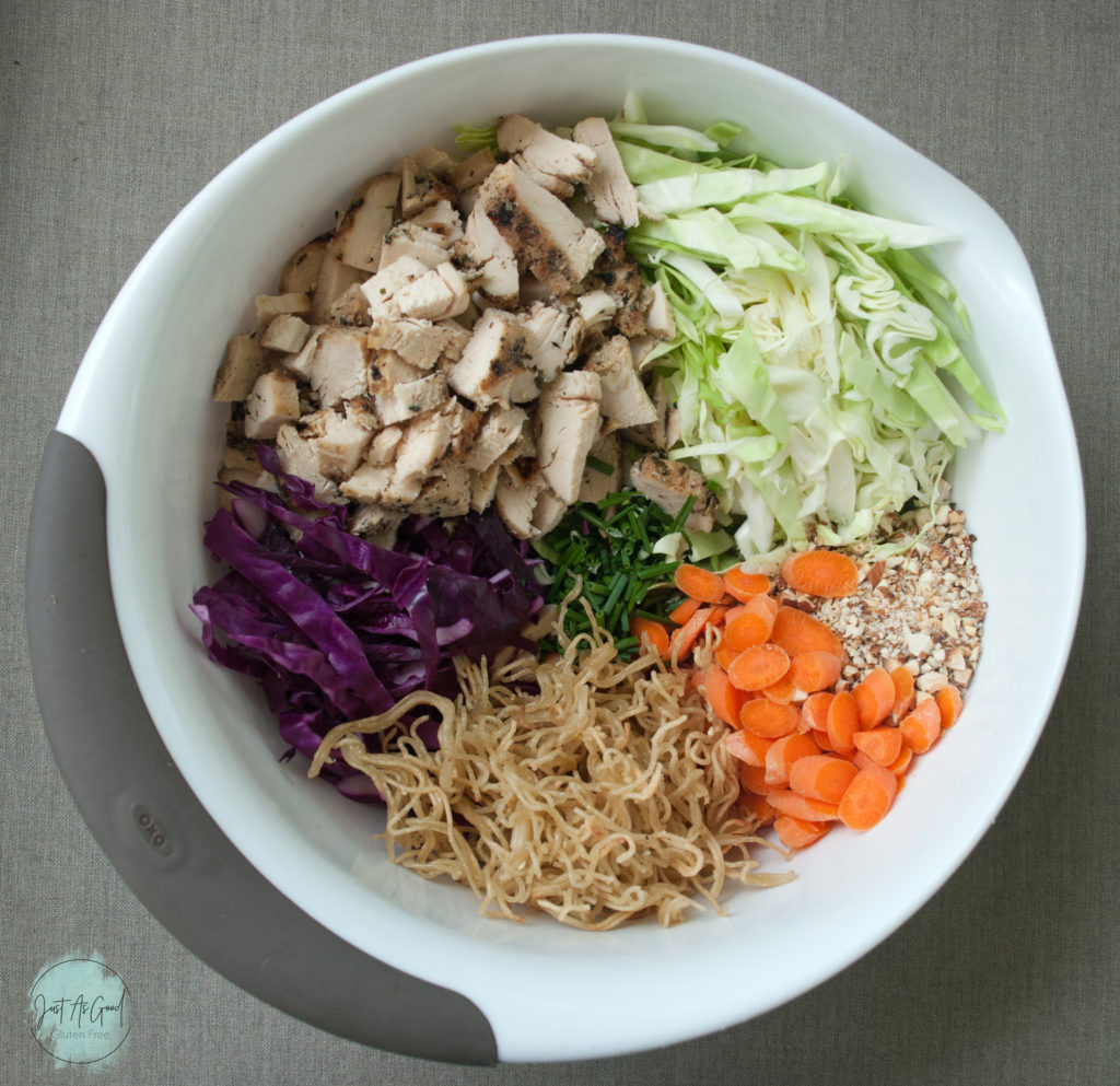 Gluten Free Asian Chicken Ramen Noodle Salad bowl of Ingredients before mixed