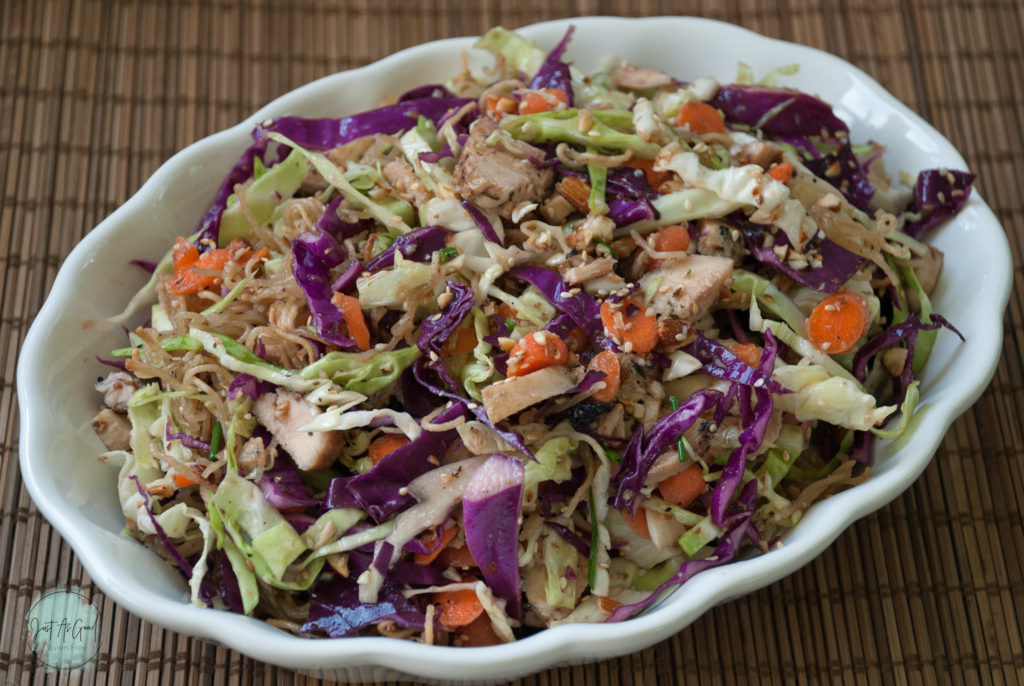 Whole bowl of Gluten Free Asian Chicken Ramen Noodle Salad