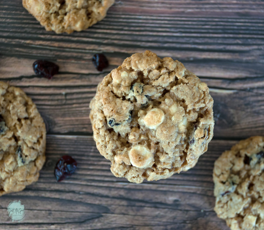 Oatmeal, cranberry and white chocolate cookies top view
