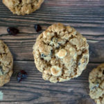 Oatmeal, cranberry and white chocolate cookies top view
