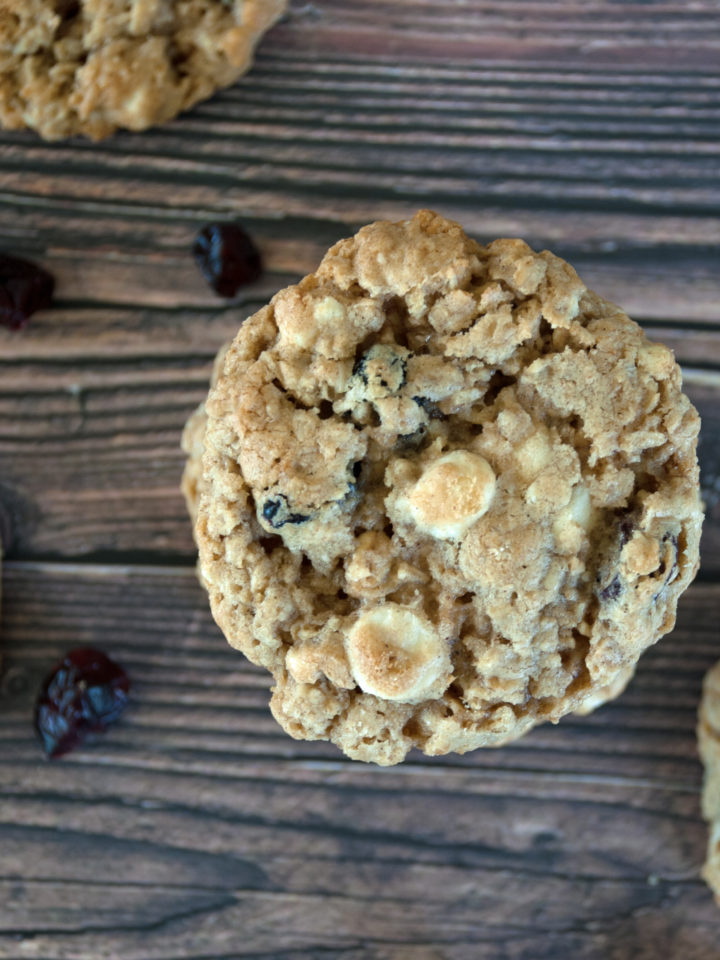 Oatmeal, cranberry and white chocolate cookies top view