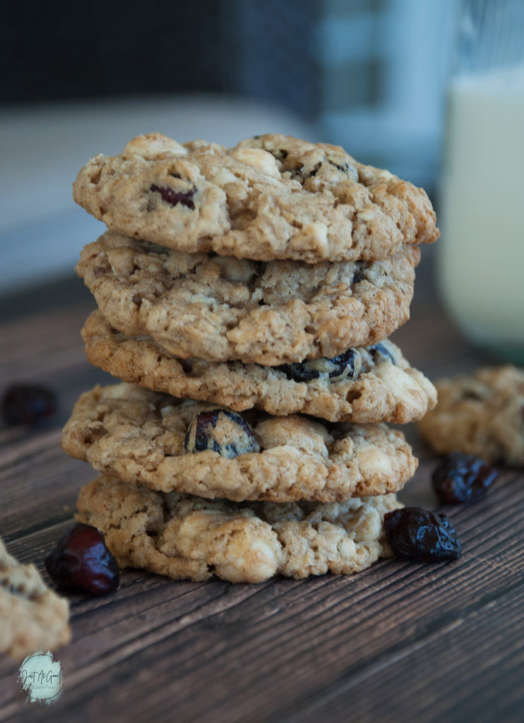 Stack of oatmeal, cranberry and white chocolate cookies