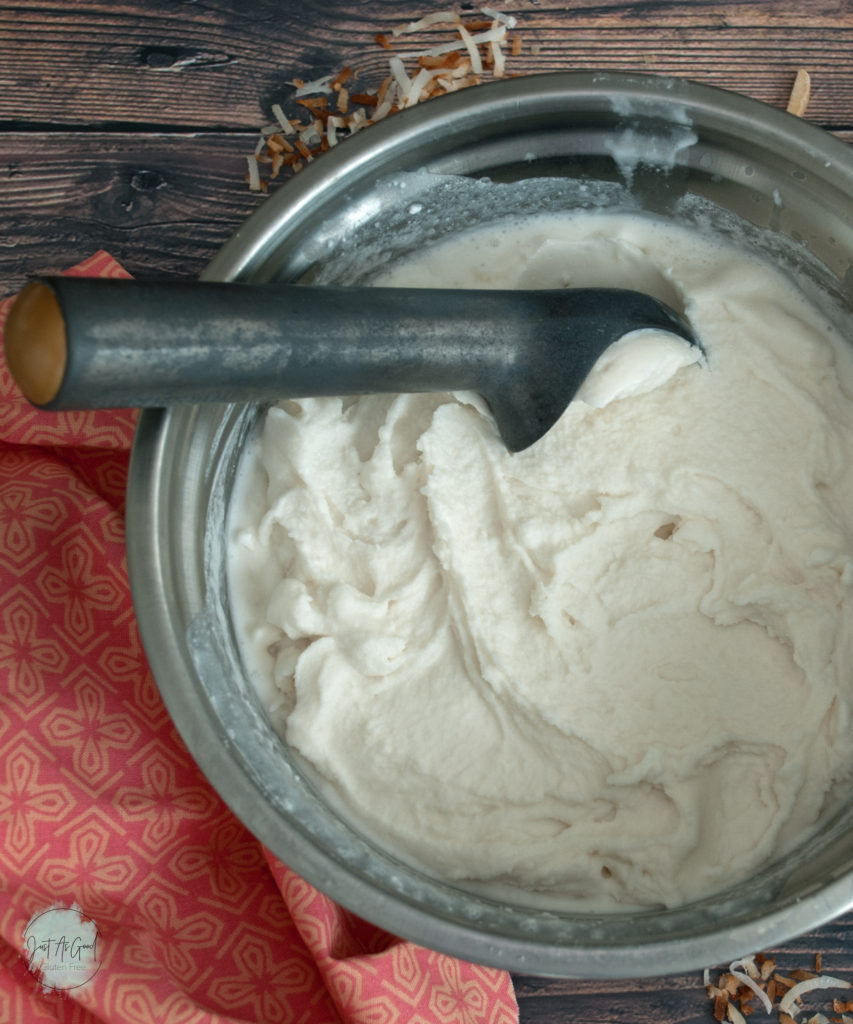 Bowl of coconut ice cream with scoop