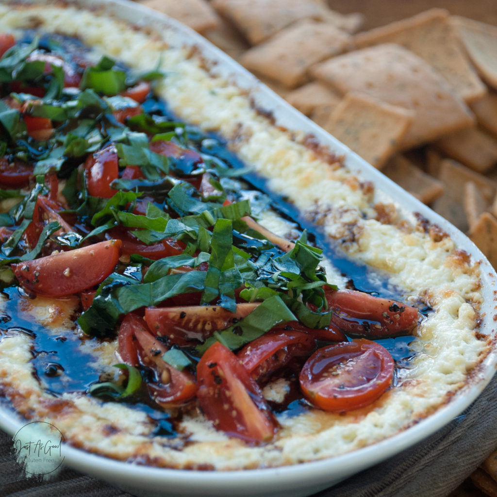 Gluten Free Warm Goat Cheese Caprese Dip side view