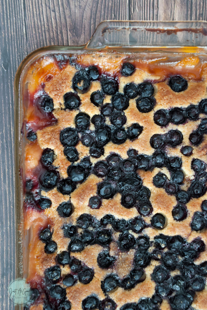 Gluten free blueberry peach cobbler full dish