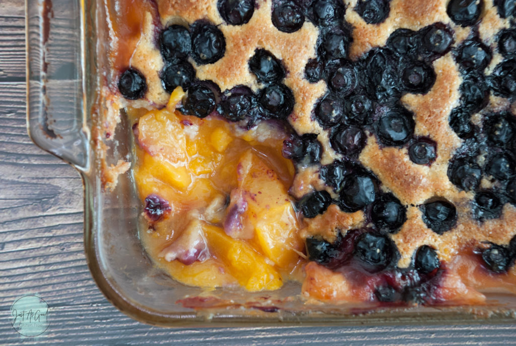 Gluten free blueberry peach cobbler corner of pan removed