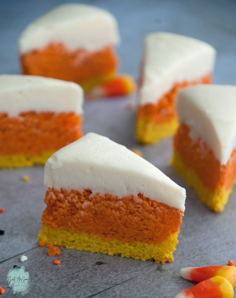 side view of gluten free candy corn sugar cookie bars