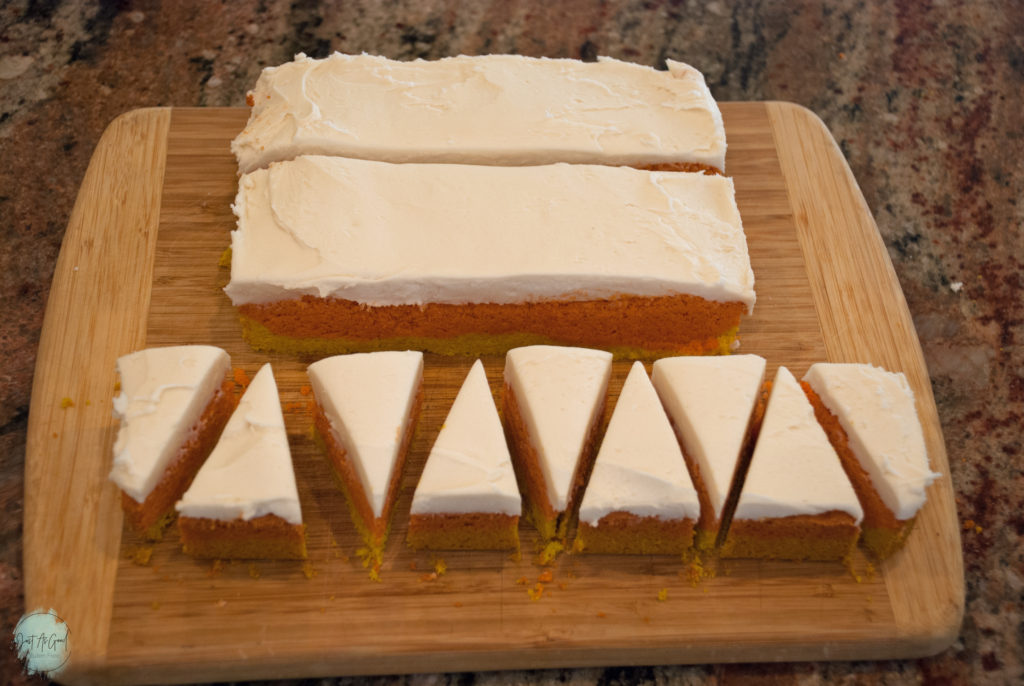 gluten free candy corn sugar cookie bars cutting into triangles