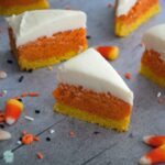 side view of gluten free candy corn sugar cookie bars