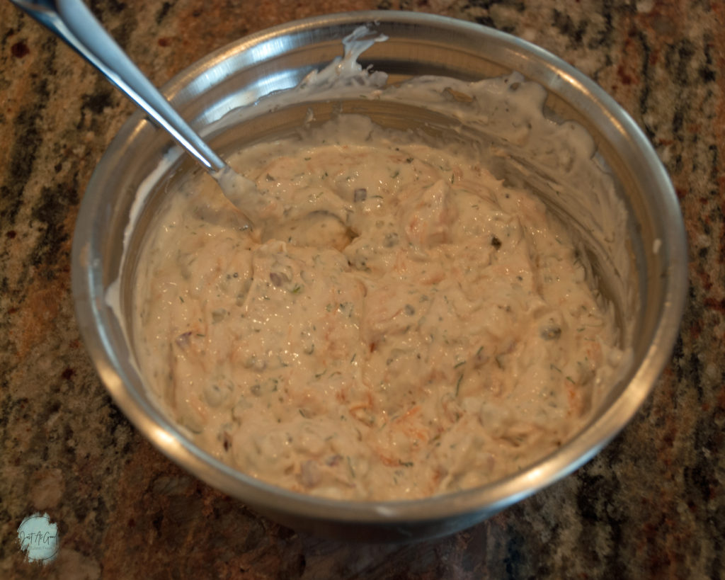 bowl of freshly mixed smoked salmon dip