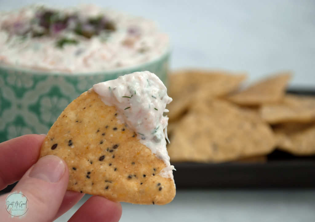 smoked salmon dip on tortilla chip