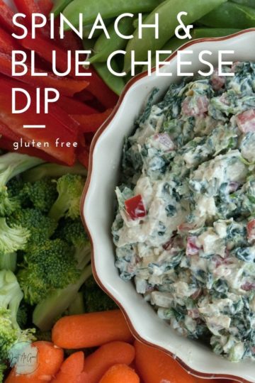 bowl of blue cheese dip surrounded by carrots, broccoli, red peppers and snap peas