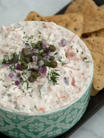 top view of smoked salmon dip bowl with tortilla chips