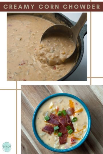 dutch oven of corn chowder and a bowl of creamy corn chowder soup