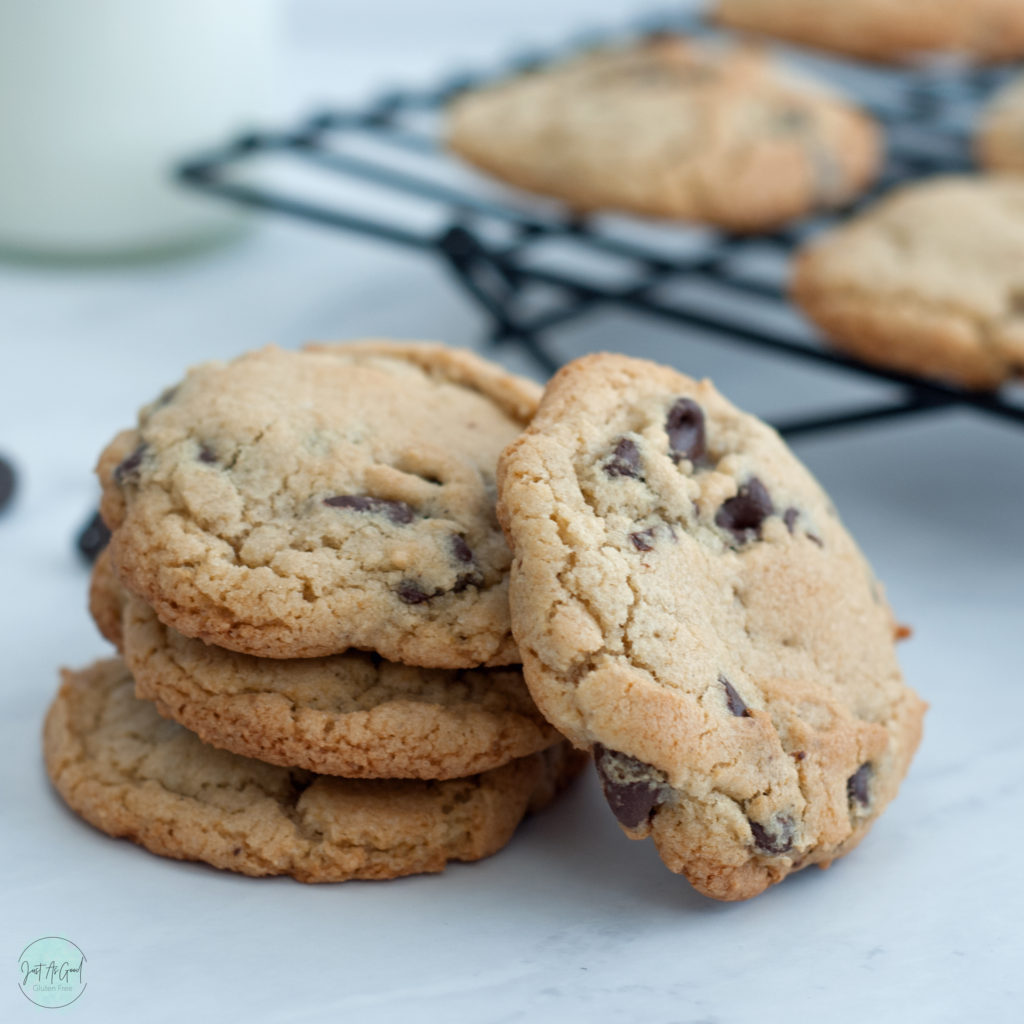 gluten free chocolate chip cookie stack with cookie resting on side