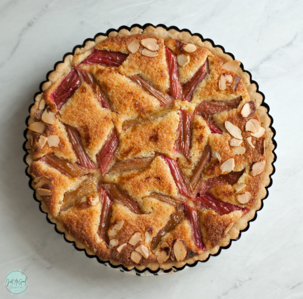 baked golden gluten free rhubarb frangipane tart