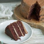 Slice of gluten free chocolate cake with mocha buttercream frosting