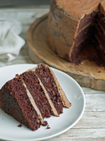 Slice of gluten free chocolate cake with mocha buttercream frosting