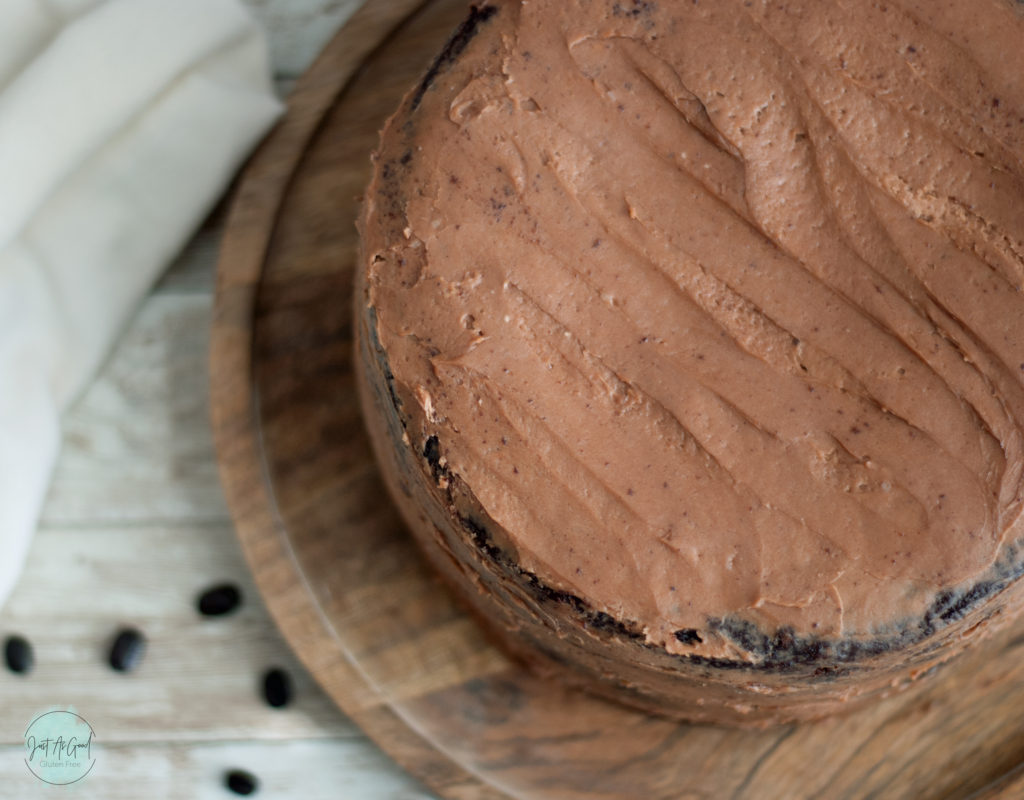 Top view gluten free chocolate cake with mocha buttercream frosting