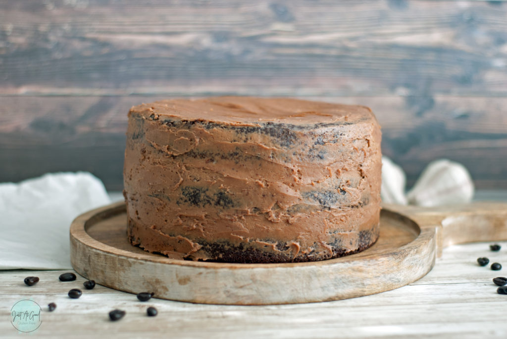 Whole gluten free chocolate cake with mocha buttercream frosting