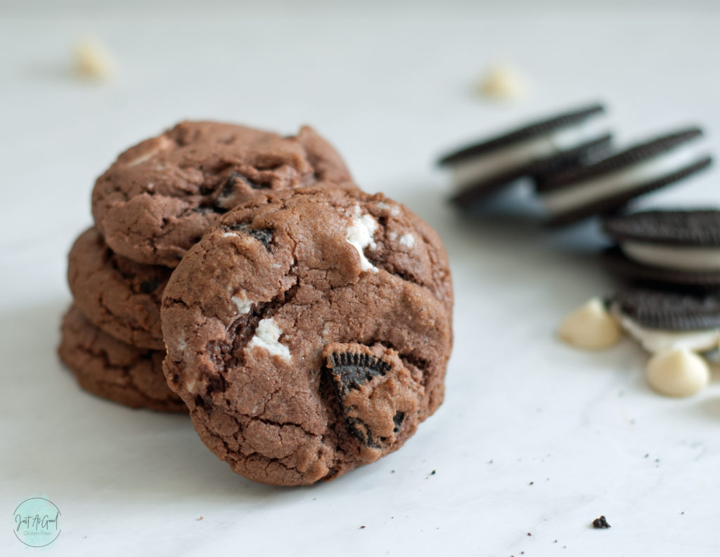 single tilted gluten free chocolate cookies and cream cookie