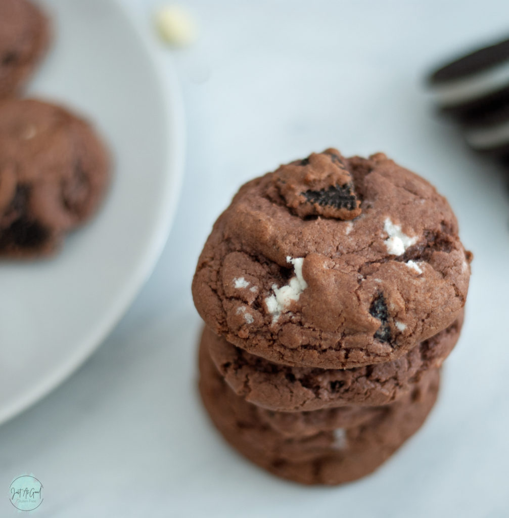 top view of a stack of gluten free chocolate cookies and cream cookie