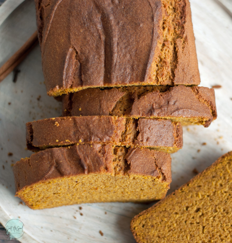 top view of sliced gluten free pumpkin bread loaf