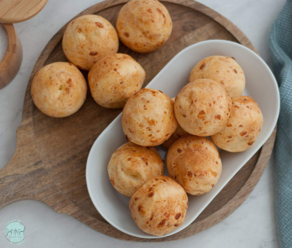 Gluten Free Brazilian Cheese Bread Rolls top view of plate and board