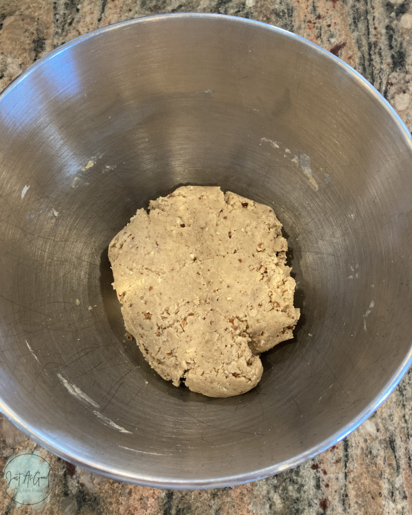 Gluten free pecan shortbread bowl of unmixed dough ball