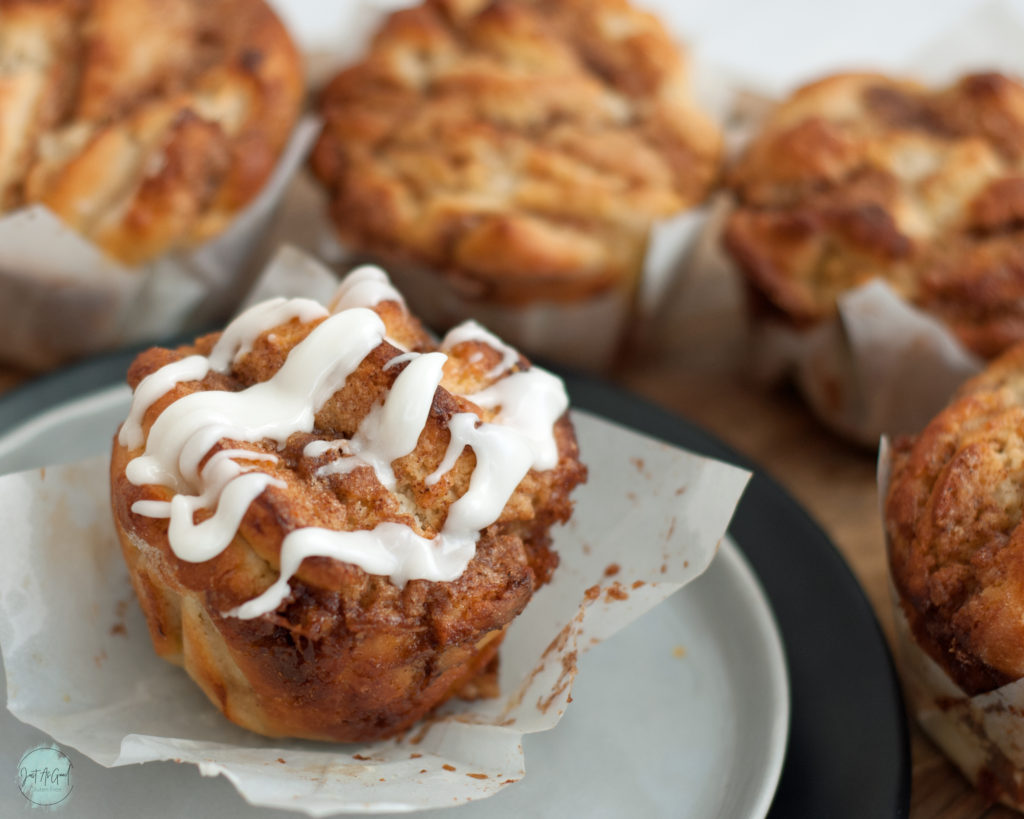 Gluten free Cinnamon Twist Bread bun side view with frosting