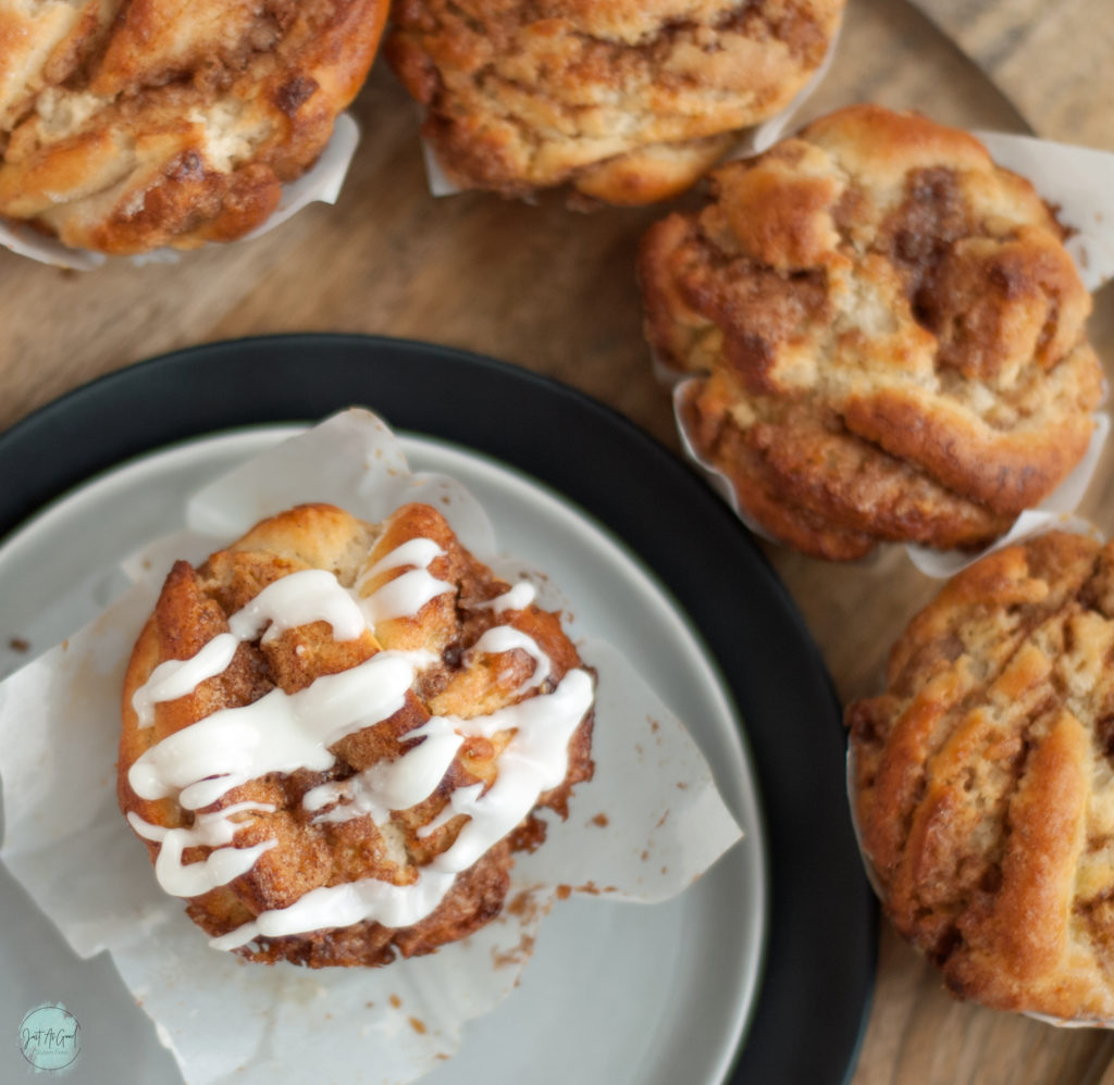 Gluten free Cinnamon Twist Bread bun top view with frosting