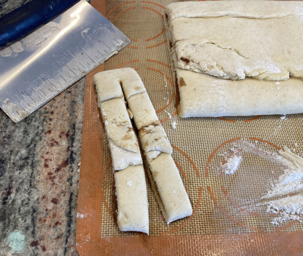 Gluten free Cinnamon Twist Bun cut before twisting dough